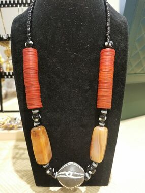 Vintage Tribal Necklace with Banded Agate Stones and Vintage Red Jigida Discs